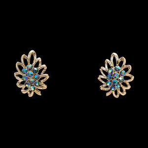 Vintage Blue AB Rhinestone Clip on Earrings Gold Tone Floral Starburst Cluster
